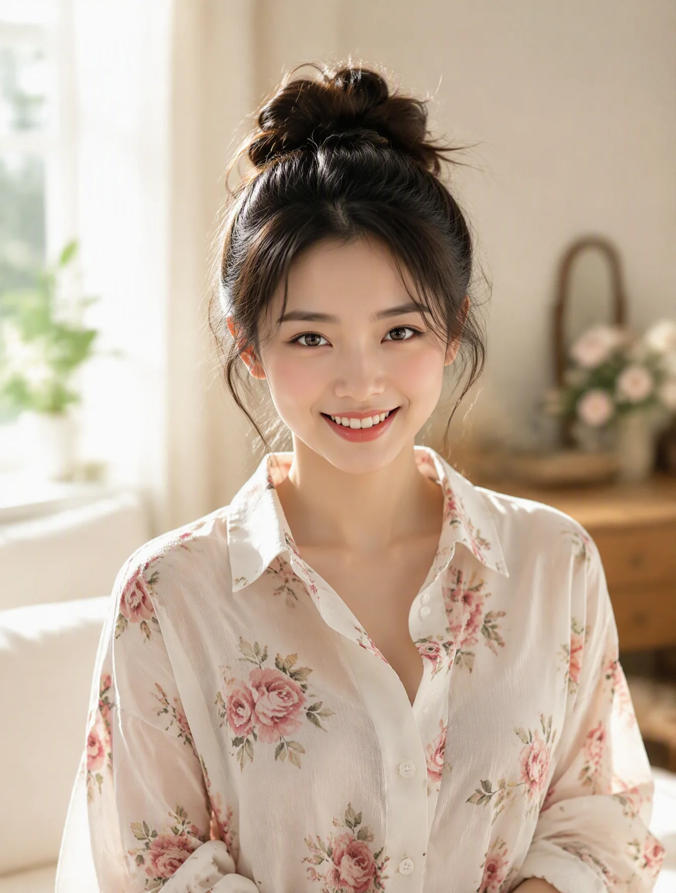 为一位美丽的东亚年轻女子创作一幅高度逼真、优雅的肖像。保持整体面部外观、精致的女性特征、自然的皮肤质地、柔软富有表...