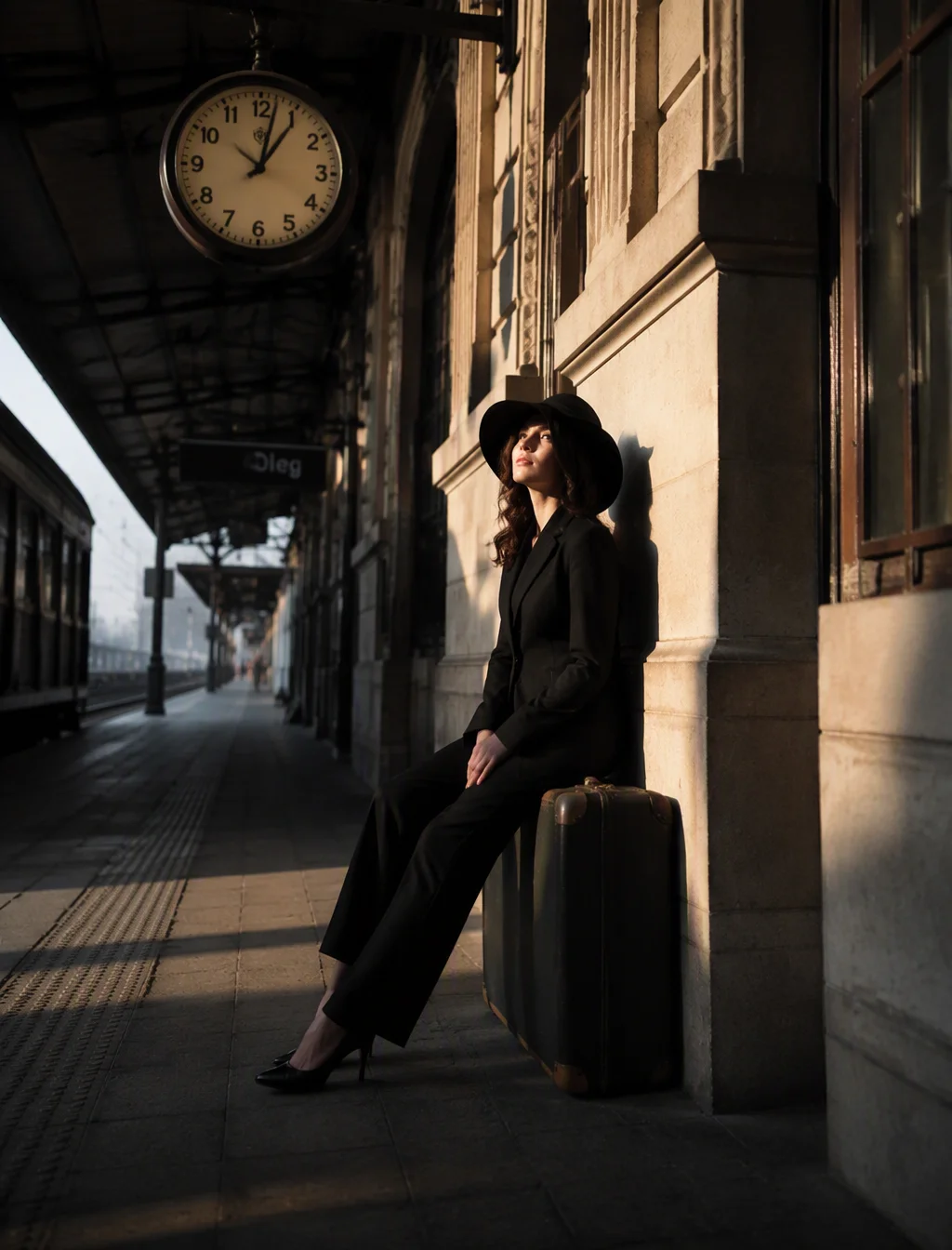 A woman in an elegant suit with black shoes and hat is si...