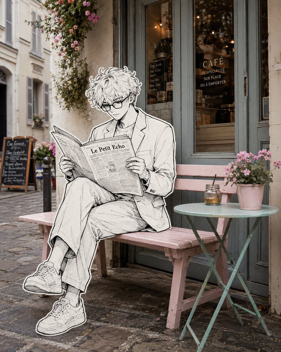 Create a surreal editorial street photograph that seamlessly blends a real-life Parisia...