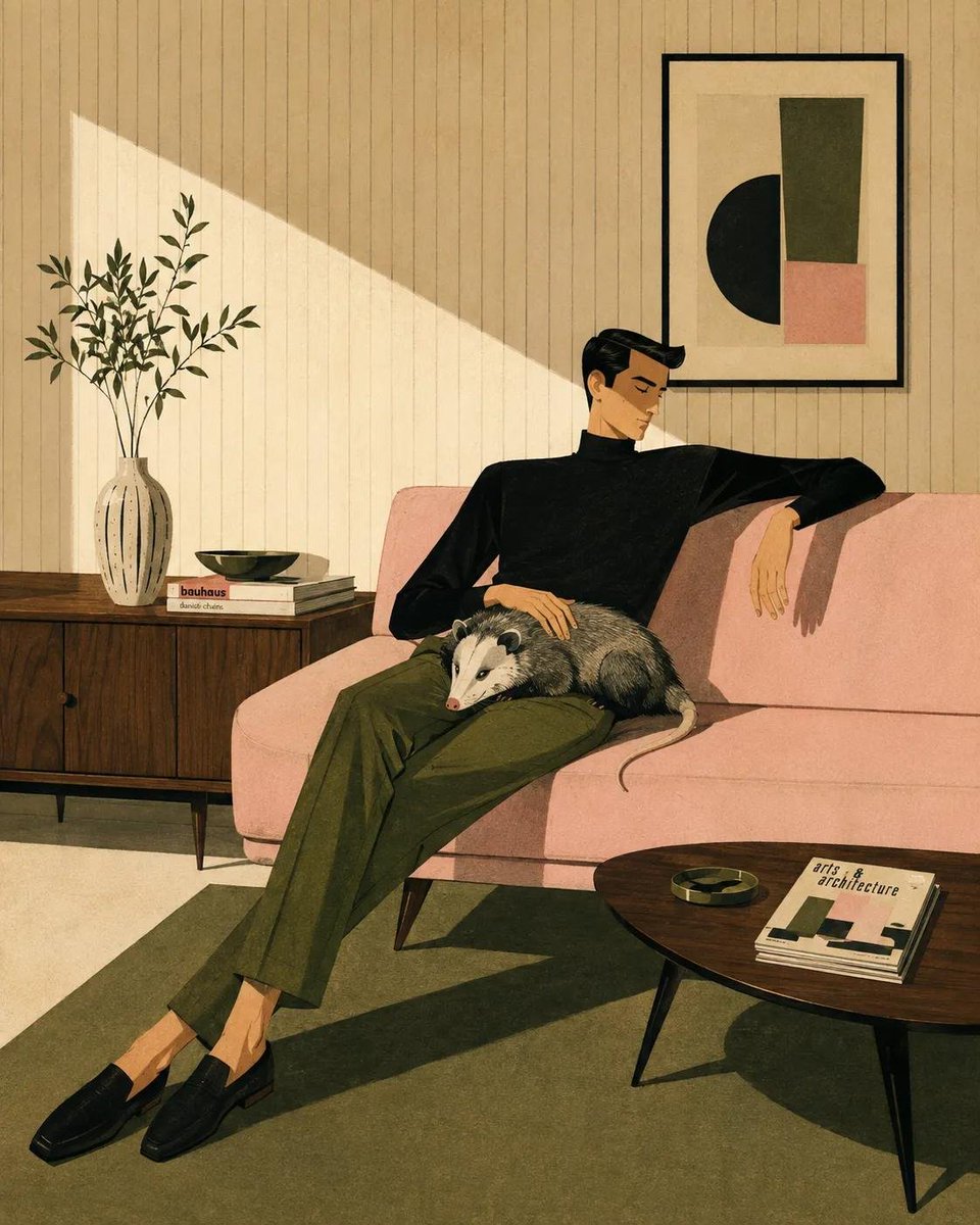 Stylized mid-century modern illustration of [HUMAN] lounging [POSE] on [SOFA], wearing...