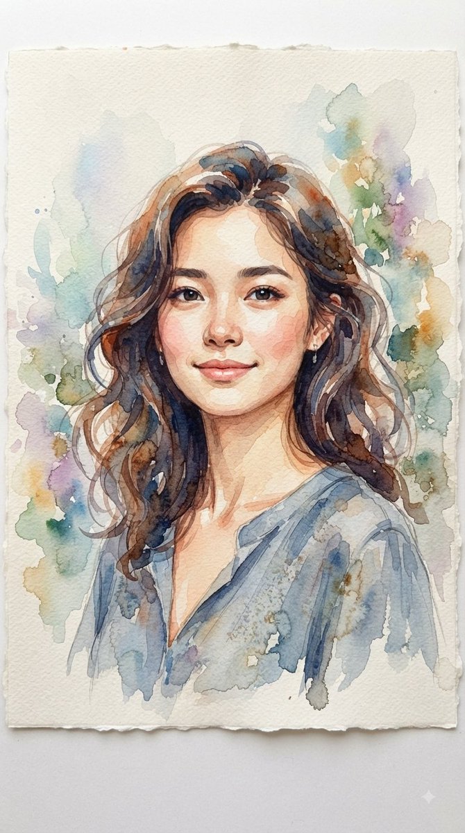 A vertical watercolor portrait featuring a young woman and a young male painted on text...