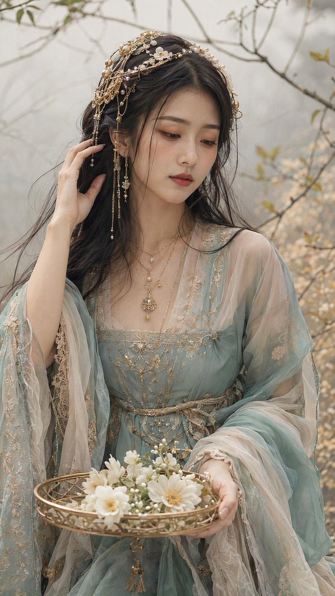 Beautiful woman in a misty minimalist nature setting with thin leafy branches, muted be...