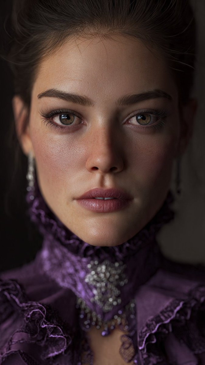 A hyper-realistic, high-detail cinematic close-up portrait of a striking young woman wi...