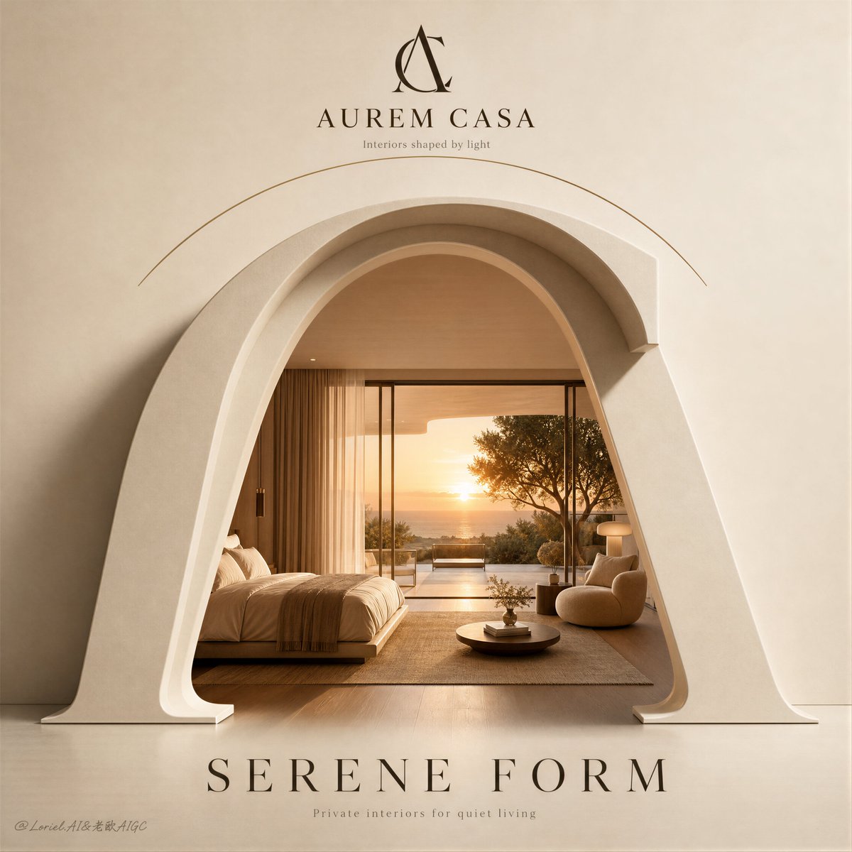 Create a premium square flagship poster for a luxury interior design brand called AUREM...