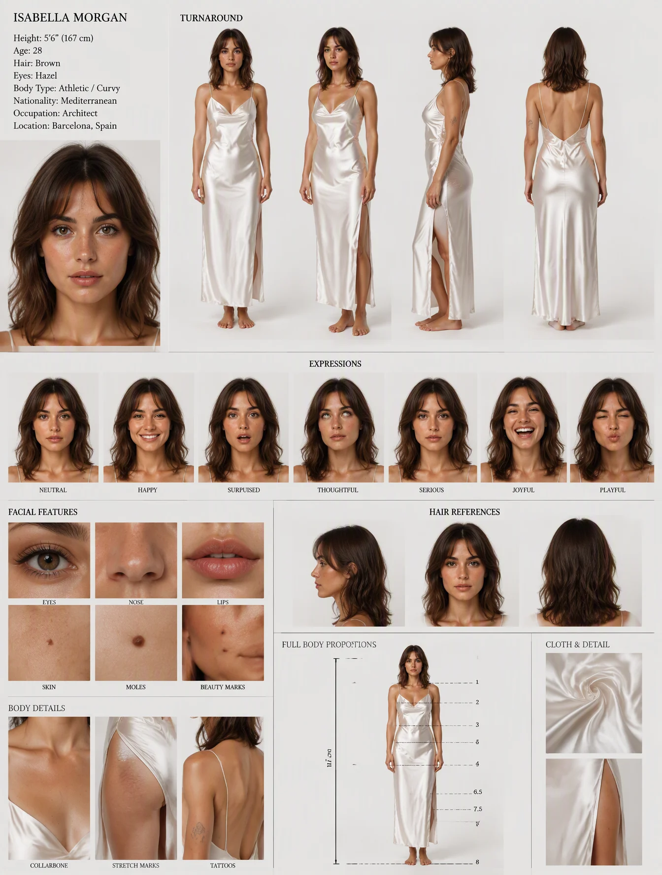 A photorealistic character reference sheet presents an ad...