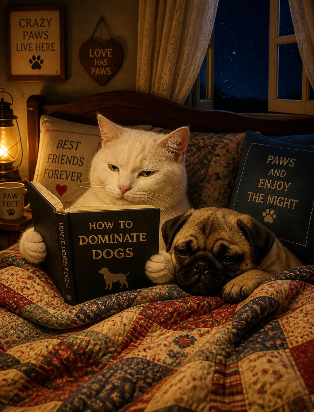 A warm, humorous photo of a white cat and a pug puppy snu...