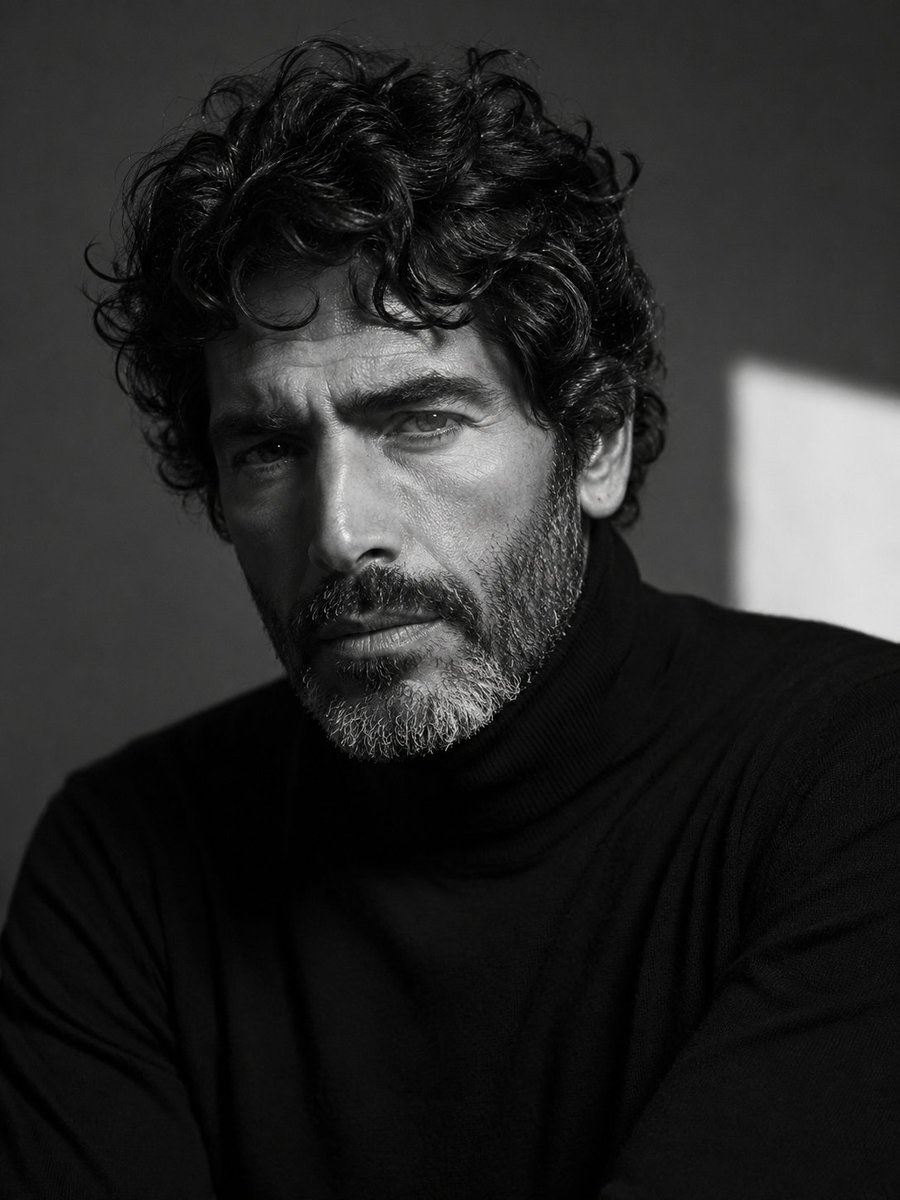 A cinematic black-and-white close-up portrait of a rugged, mature man with thick, natur...