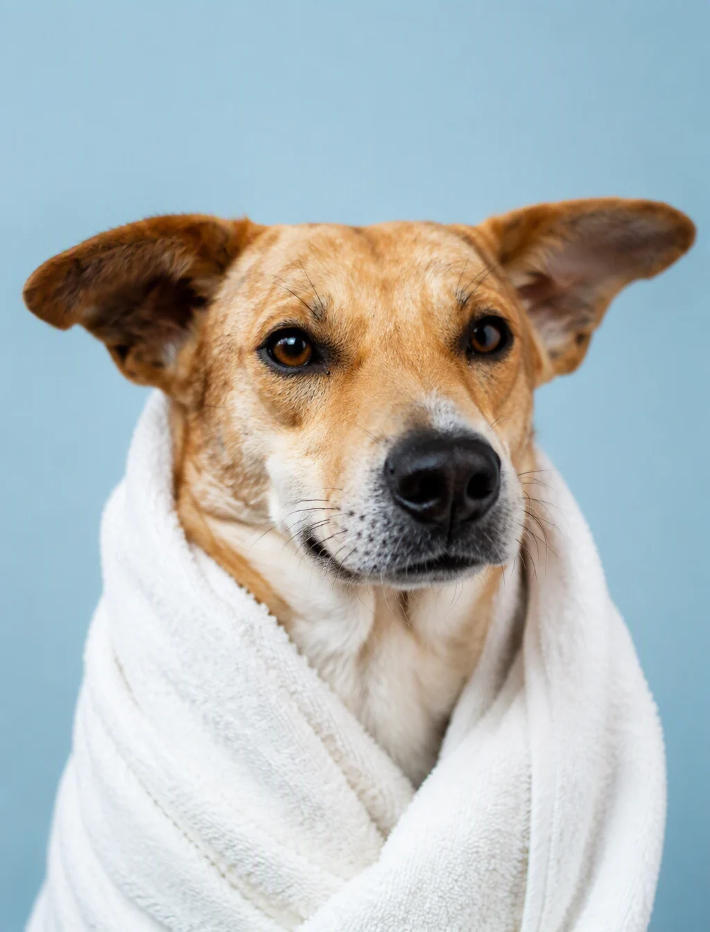 Ultra realistic portrait of a ginger dog wrapped in a sof...