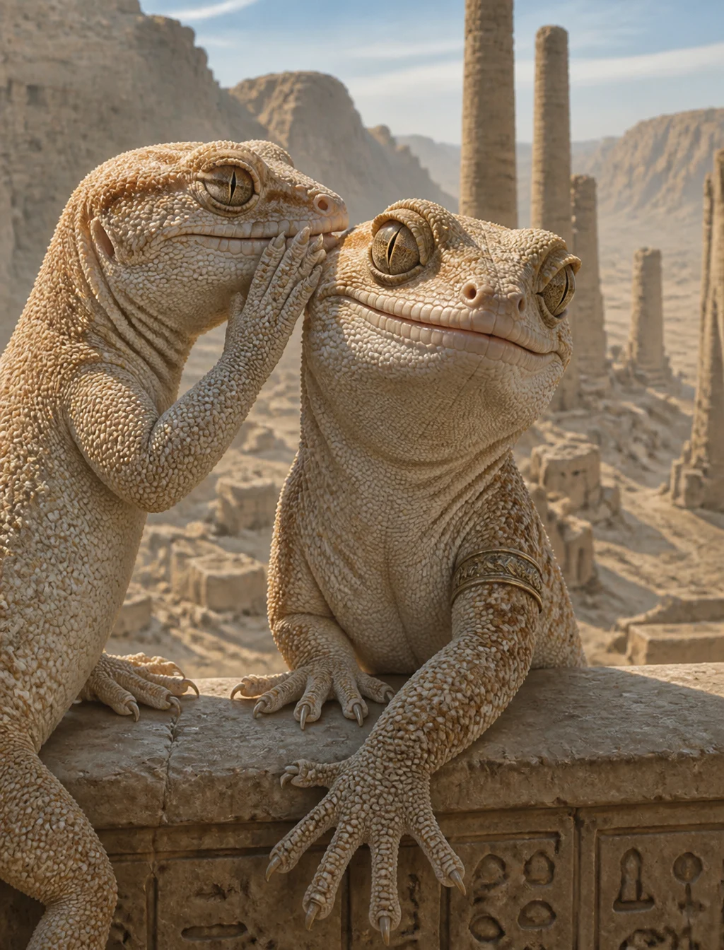 Hyperrealistic painting of two geckos. one is whispering ...