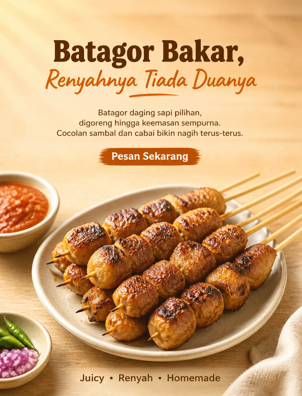 【主体】Batagor Bakar，保持原样：肉丸紧实质地、炭烤焦香色泽、原竹签排列、原份量、家常感，不改形、不造...