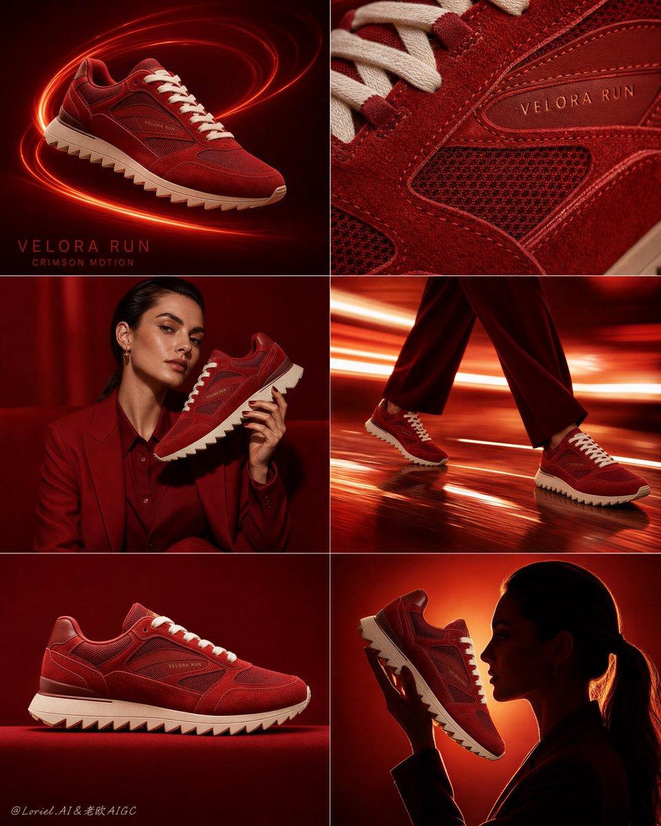 Create a premium 2-column by 3-row fashion-sneaker campaign poster for a fictional luxu...