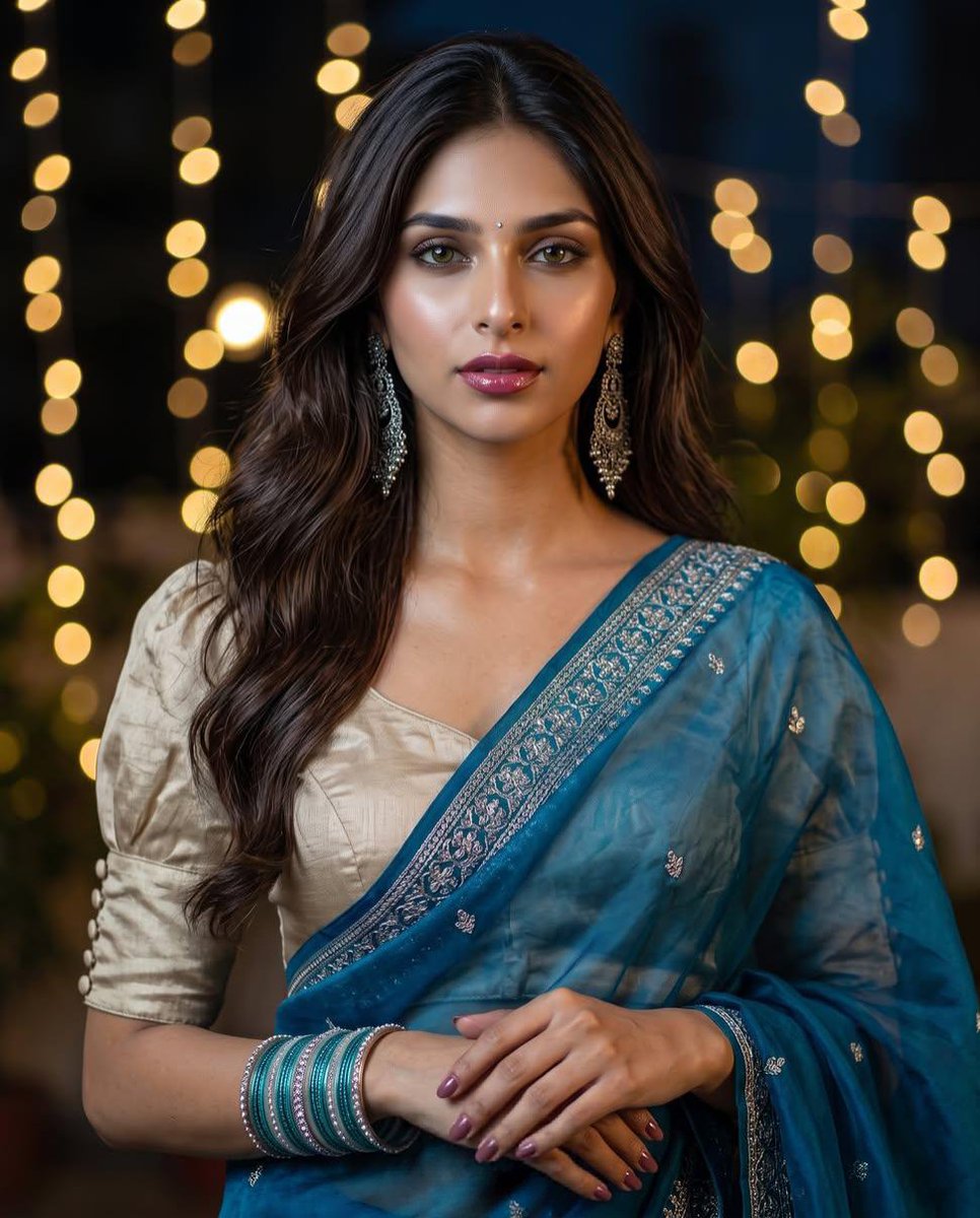 A realistic studio portrait of a beautiful Indian woman with long, wavy dark brown hair...