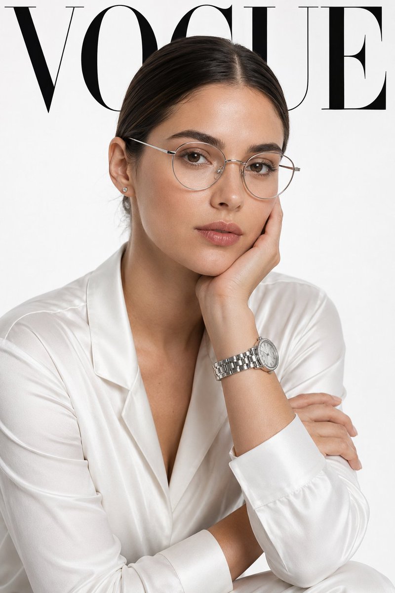 Create a high-end luxury fashion magazine cover portrait of an elegant young woman wear...