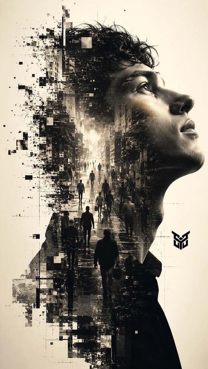 Fragmented Dissolution: The left side of the silhouette should appear to be "glitching"...
