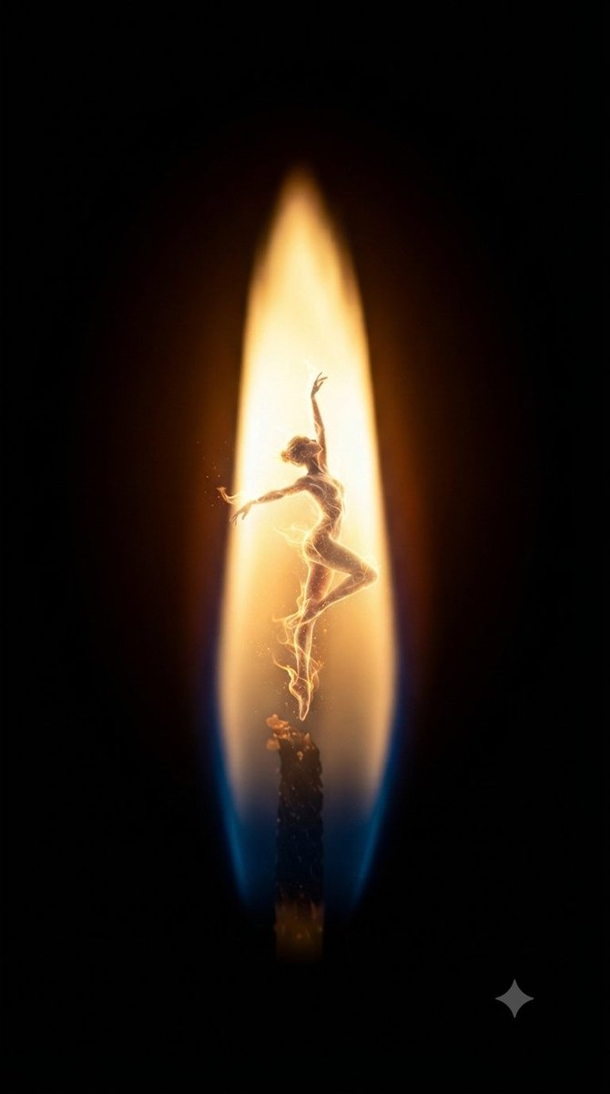 A striking, vertical macro photograph captures a single matchstick or candle wick glowi...