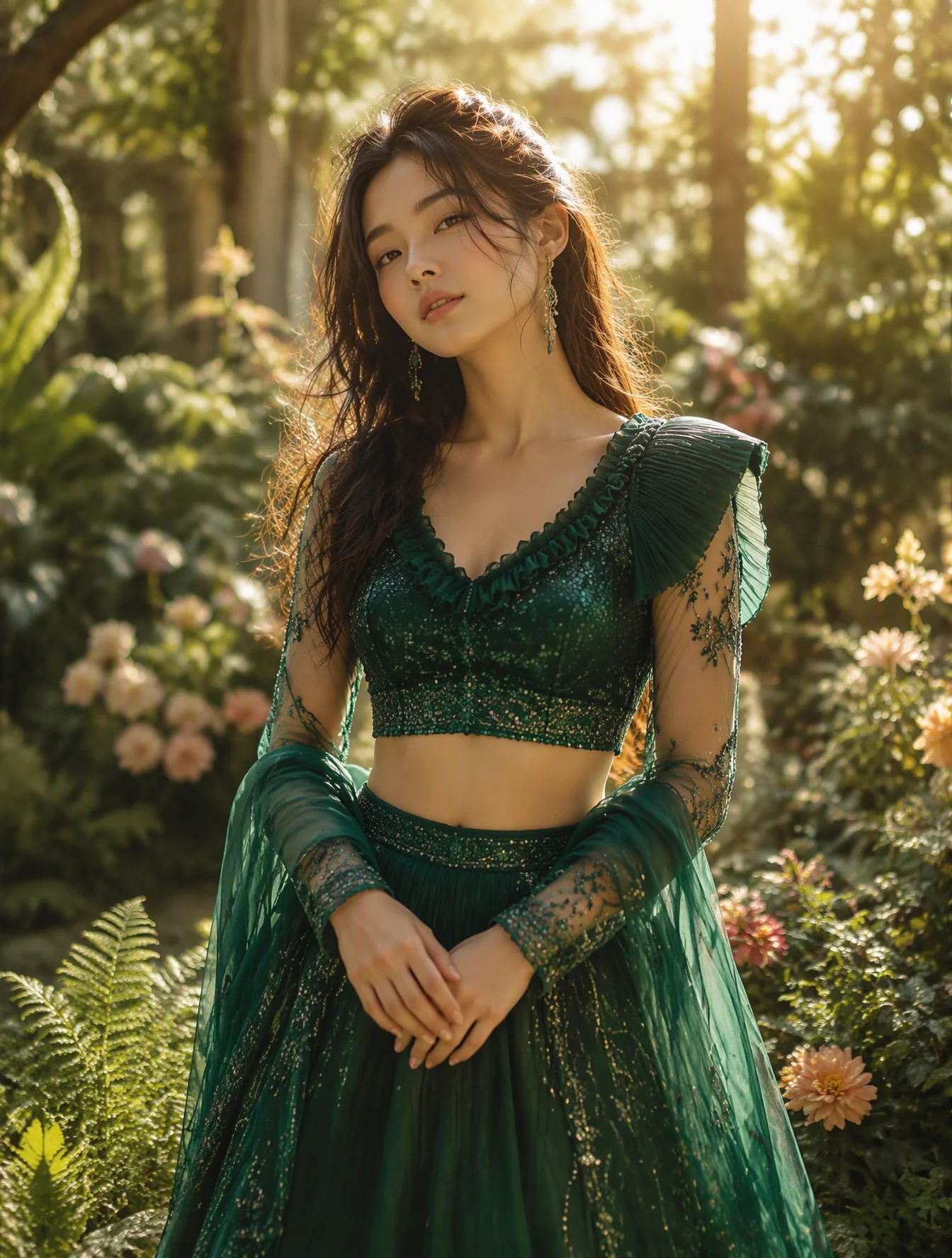 A poised young woman stands in a lush botanical garden, f...