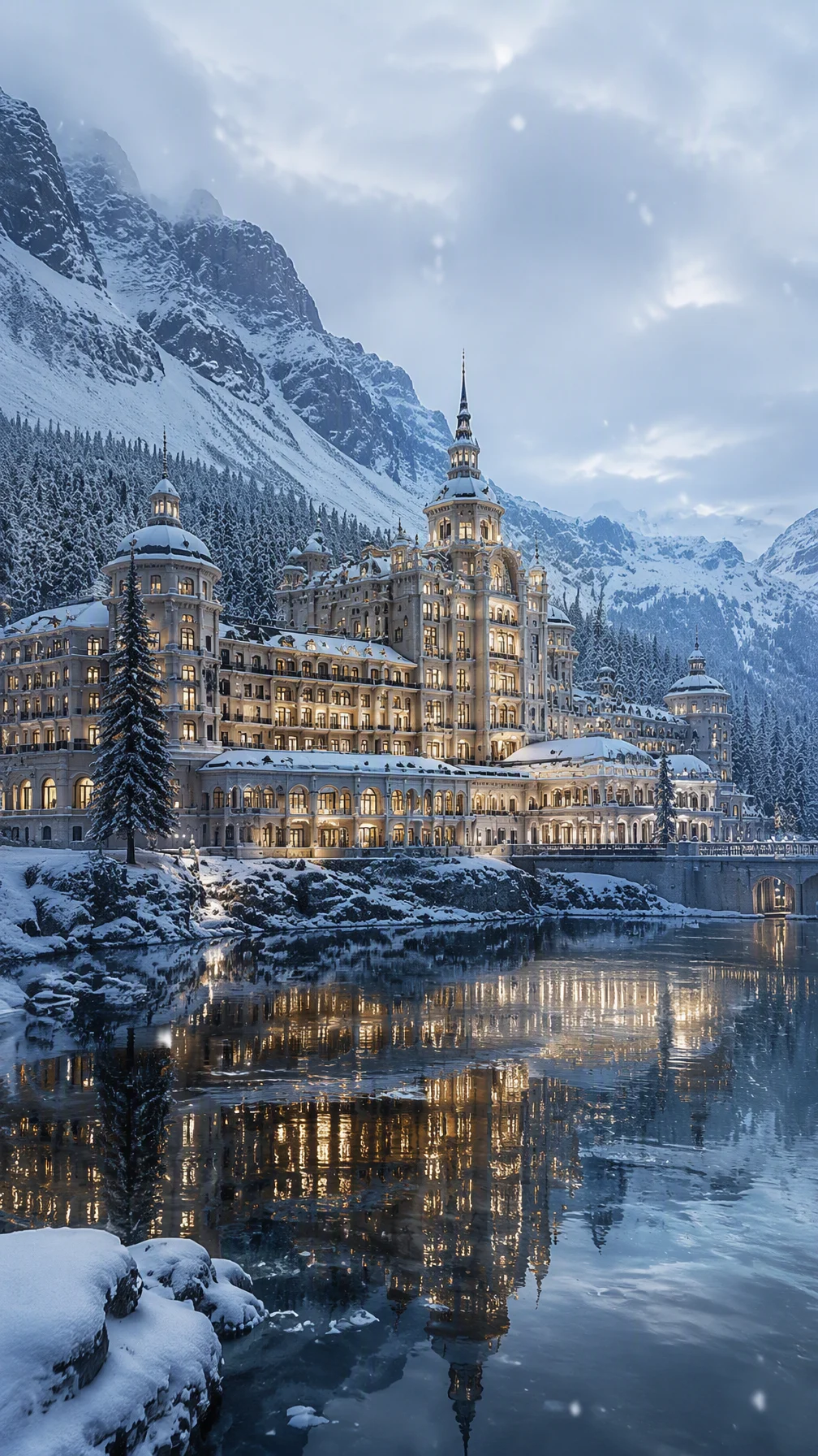Ultra realistic luxury winter palace surrounded by snow-c...