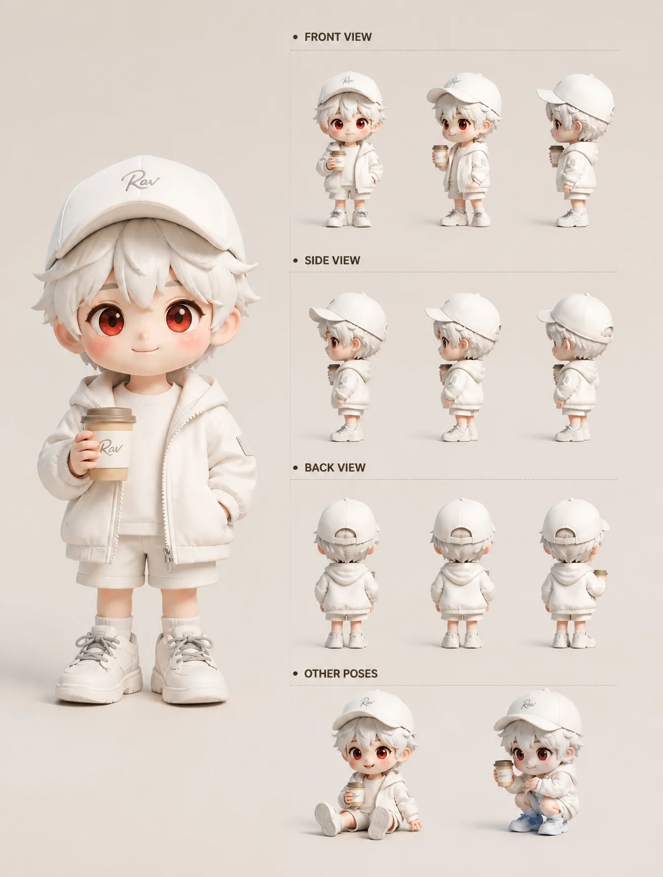 A cute 3D chibi character model sheet, Pixar/Disney-style...