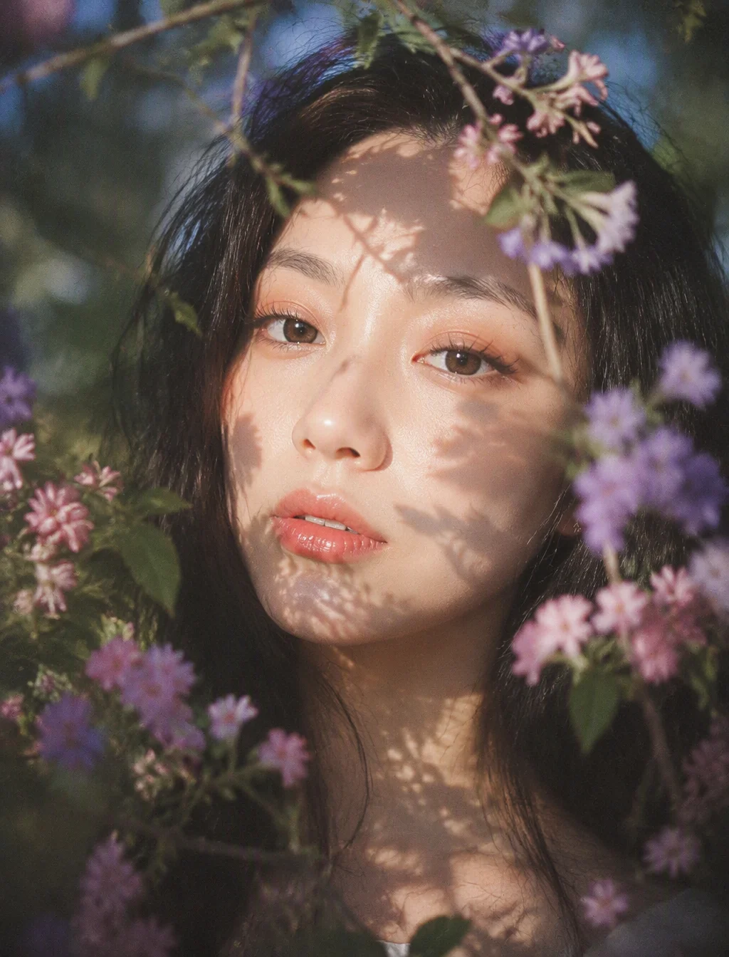 梦幻自然光花园人像，柔焦胶片质感，竖幅近距离肖像构图；年轻女性，muse般的面庞，黑色长发蓬松微乱，面部居中偏上作...