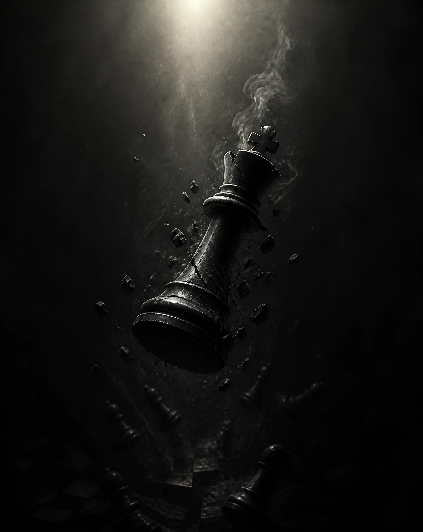 A highly detailed black chess king falling through an end...