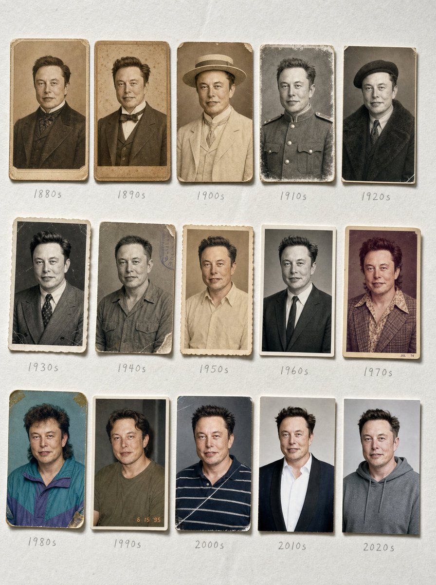 Overhead archival flat-lay: fifteen physical photographic prints of the same person, on...