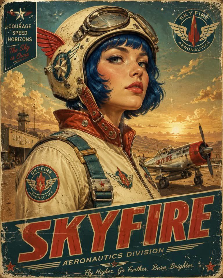 Vintage retro-futurist aviation poster portrait of [HUMAN], shown from the chest up in...