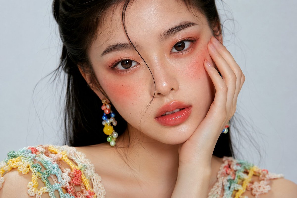 High-end photorealistic 3:2 editorial close-up of a clearly adult Asian woman, fair lum...