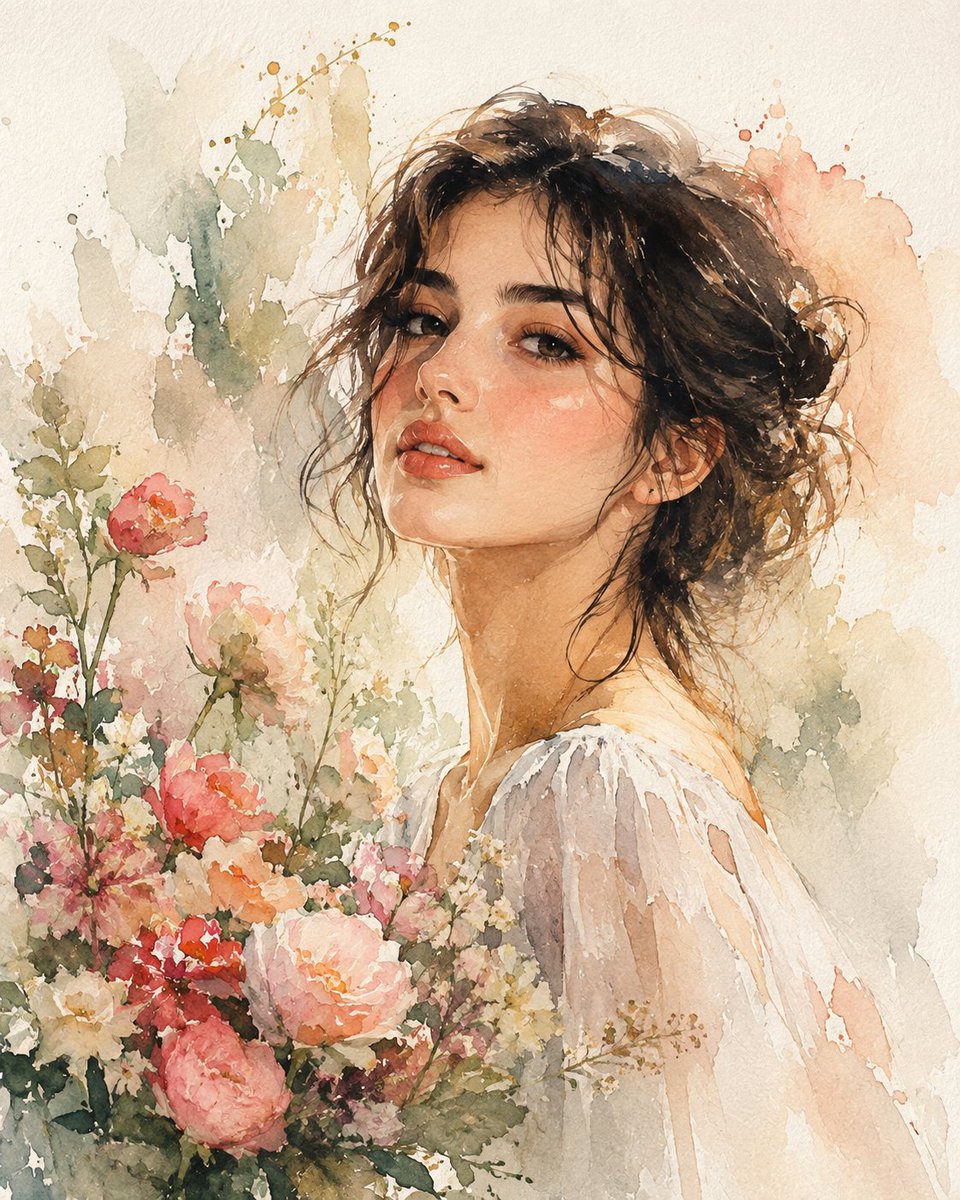 A delicate watercolor portrait of a graceful young woman with dark, tousled hair and ex...
