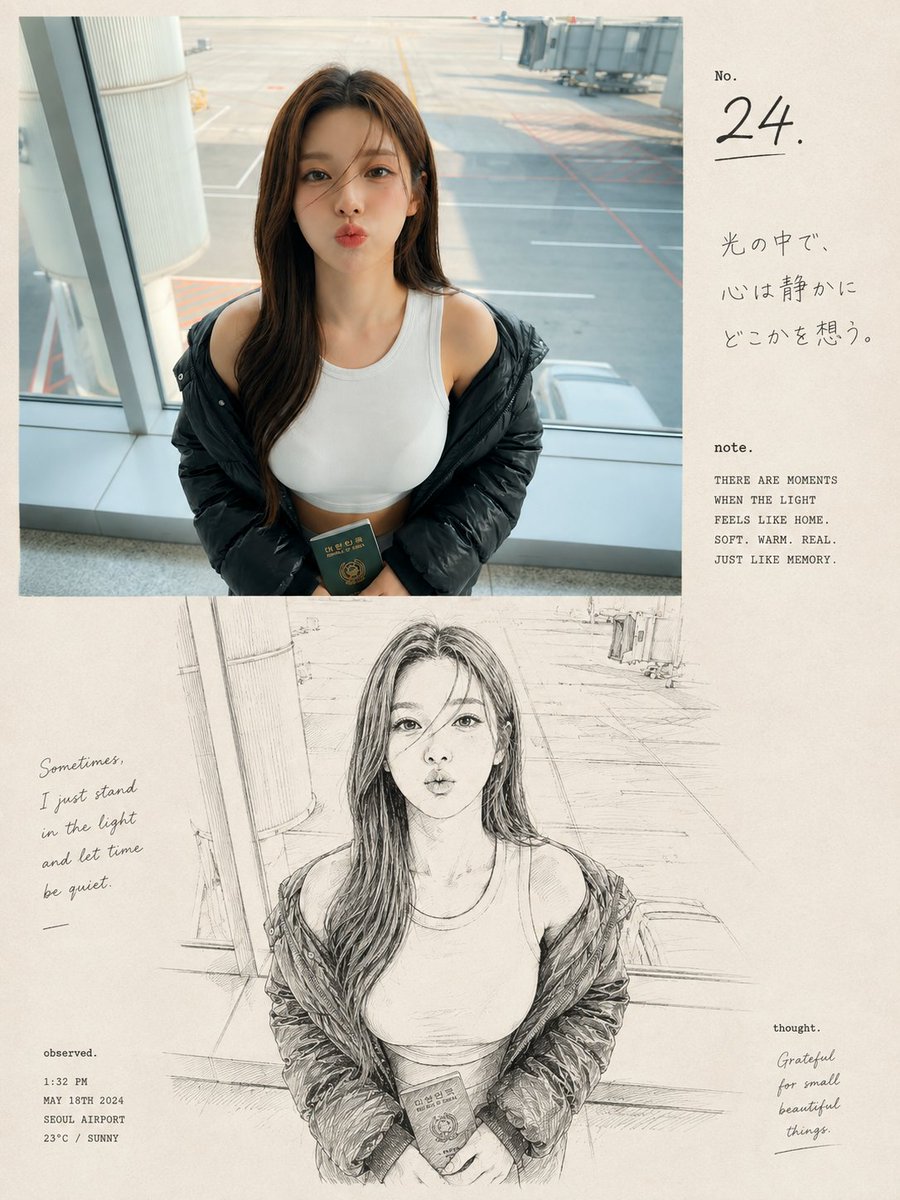 A premium nostalgic editorial photo-and-sketch artbook page featuring a young East Asia...