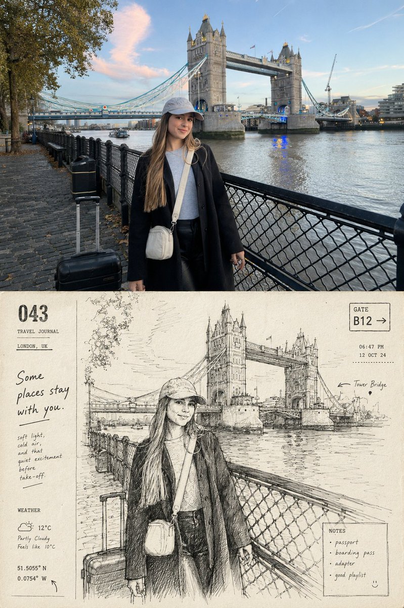Create a nostalgic contemporary travel-journal artbook page based on the reference imag...