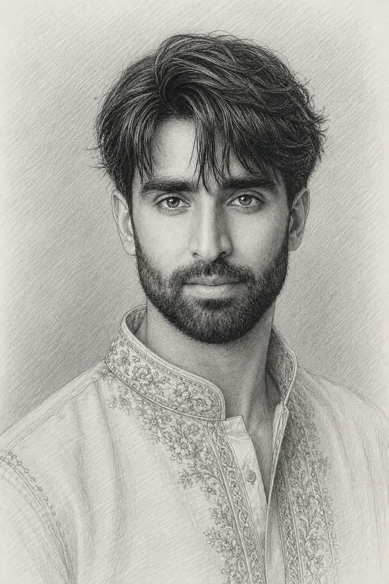 Create an ultra-realistic traditional graphite pencil portrait of a handsome young Sout...