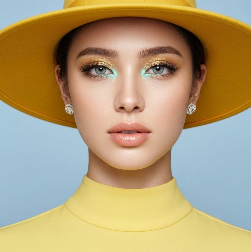 Photorealistic studio portrait. A centered symmetrical close-up of a young woman lookin...