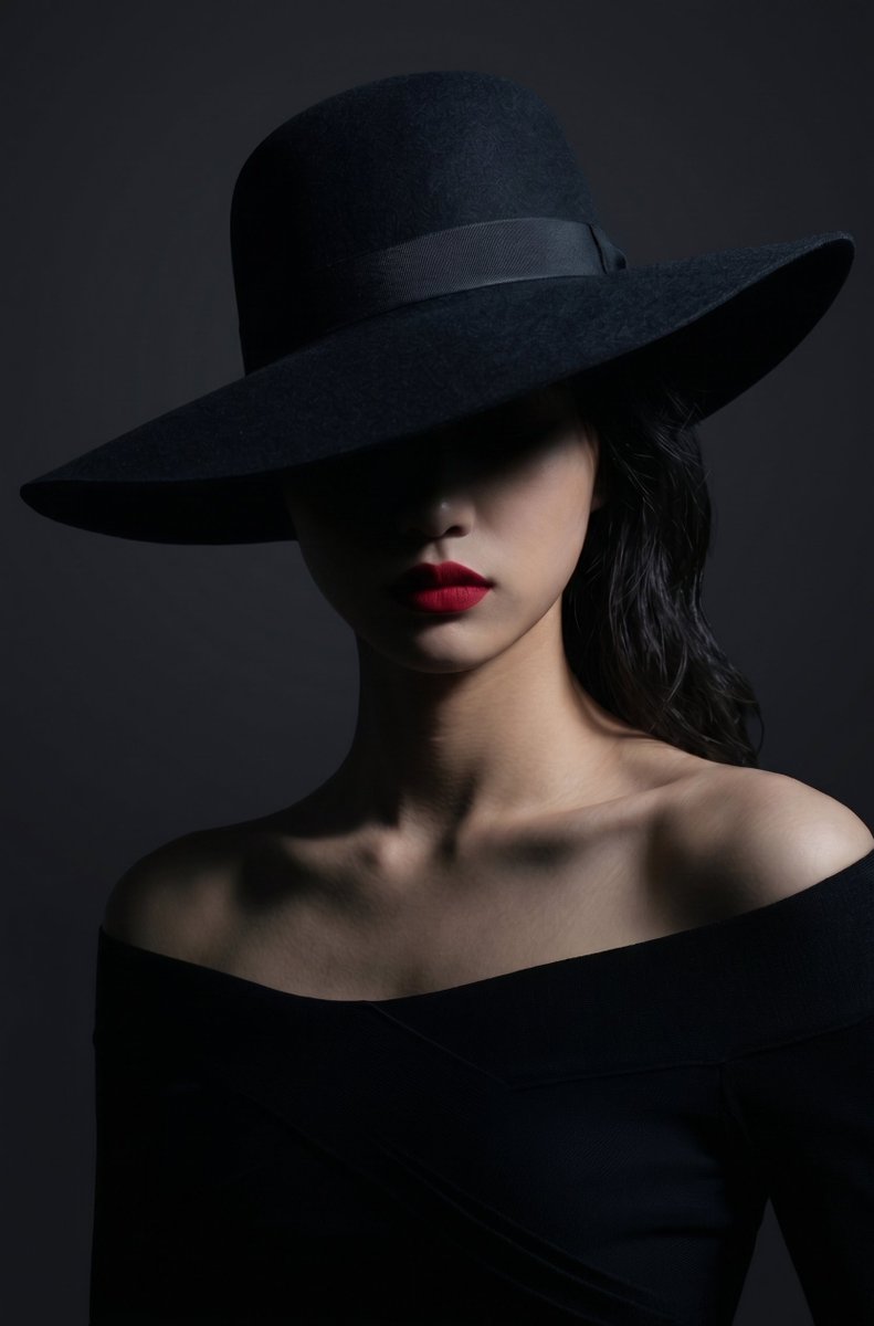 High-fashion studio portrait of an elegant woman in dramatic chiaroscuro lighting again...