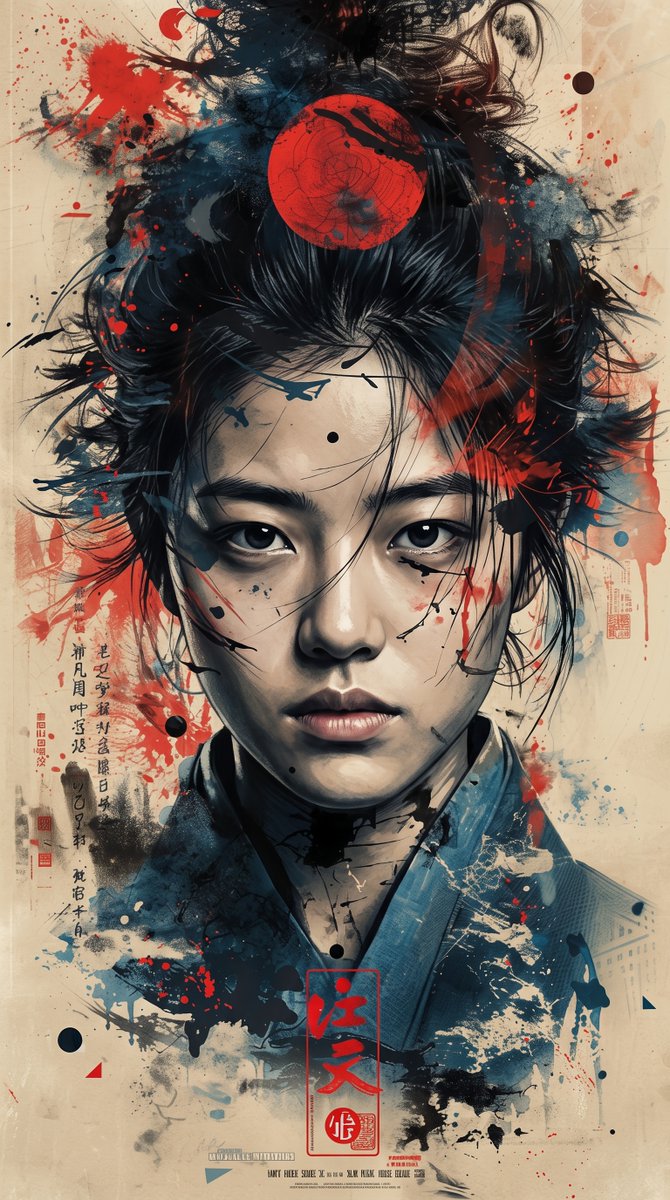 A striking mixed-media graphic poster portrait of a young East Asian female samurai wit...