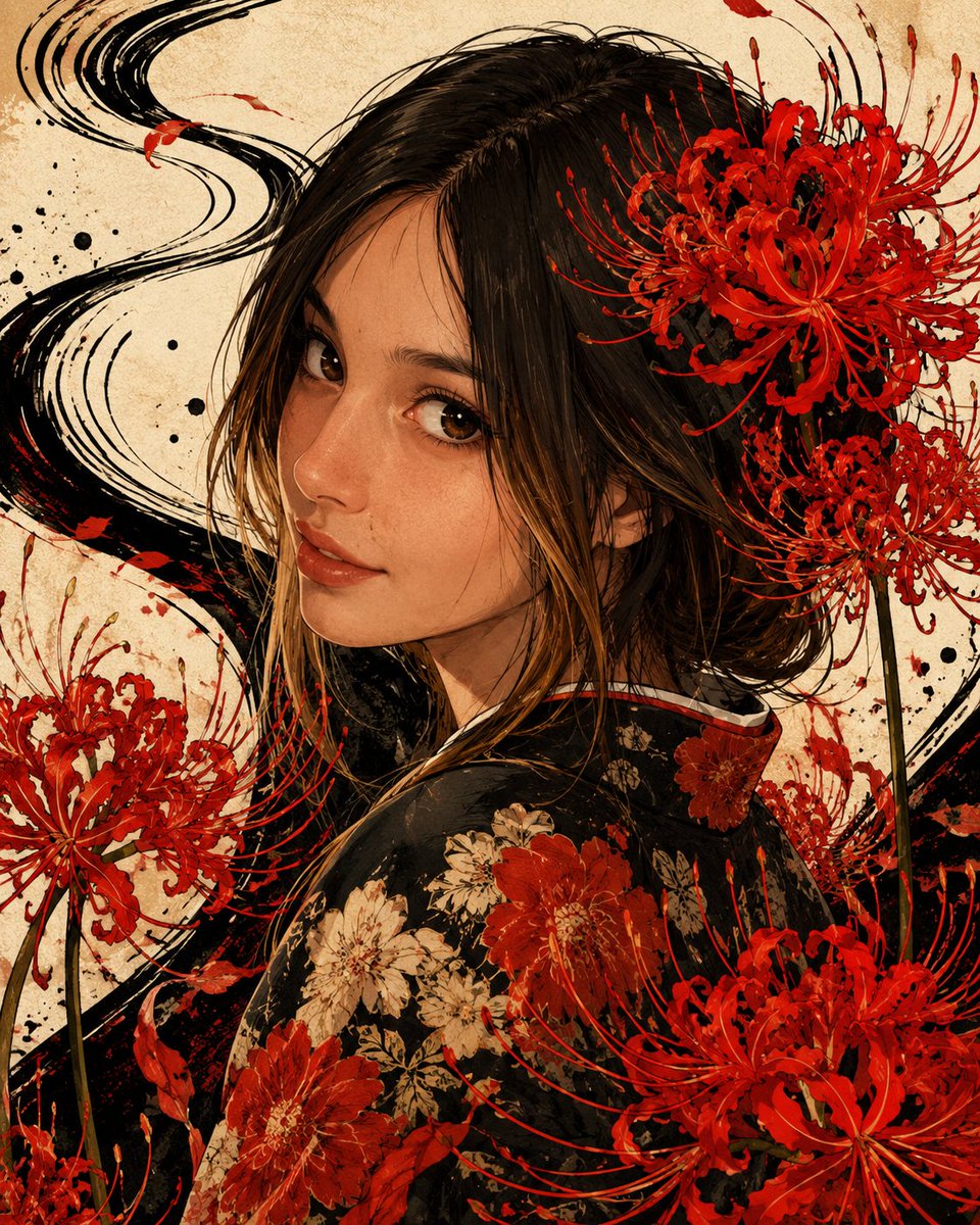 A close-up anime-style portrait of the attached model. She is adorned in a black kimono...