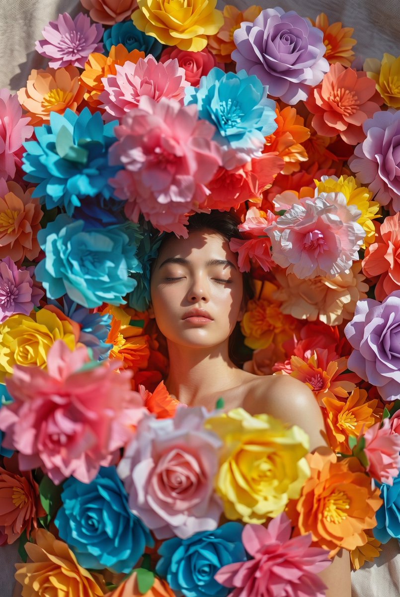 A high-fashion beauty portrait of a serene young woman lying immersed in a vibrant bed...