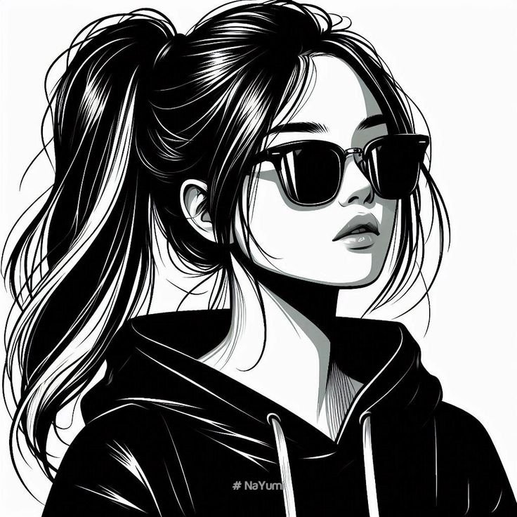 Create a high-contrast black-and-white fashion illustration of a young woman in a sophi...
