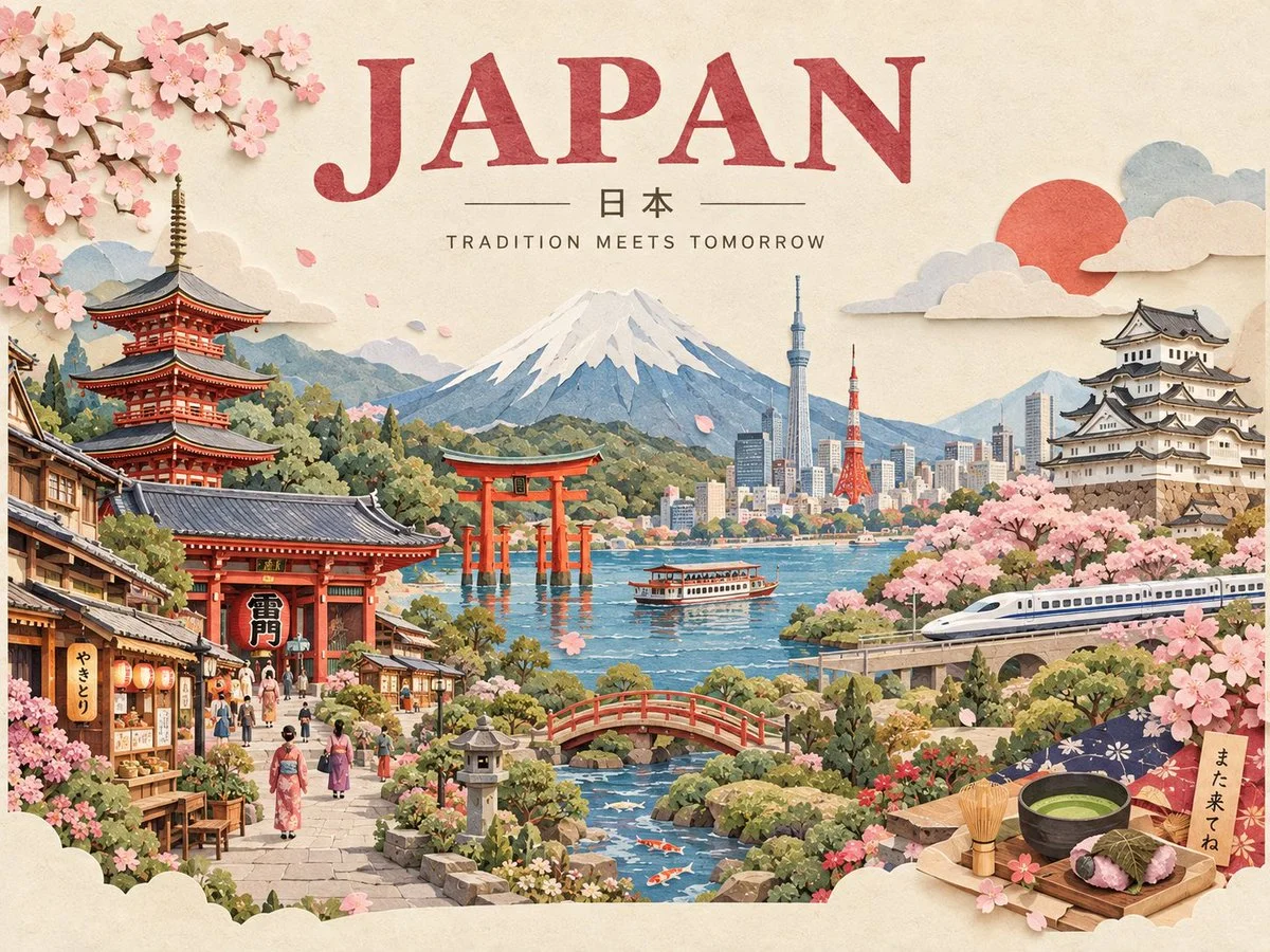 Create a charming handcrafted 3D paper-cut travel poster ...