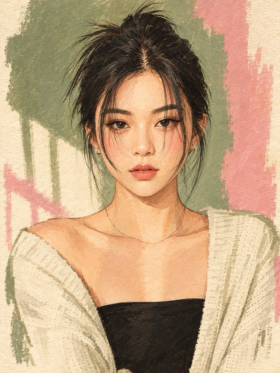 Transform the photo into a hand-painted gouache caricature on cream cotton paper. Prese...