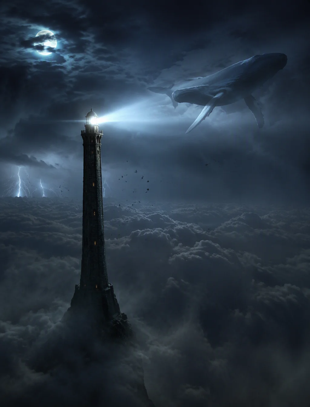 A colossal ancient lighthouse rising from a tiny rocky is...