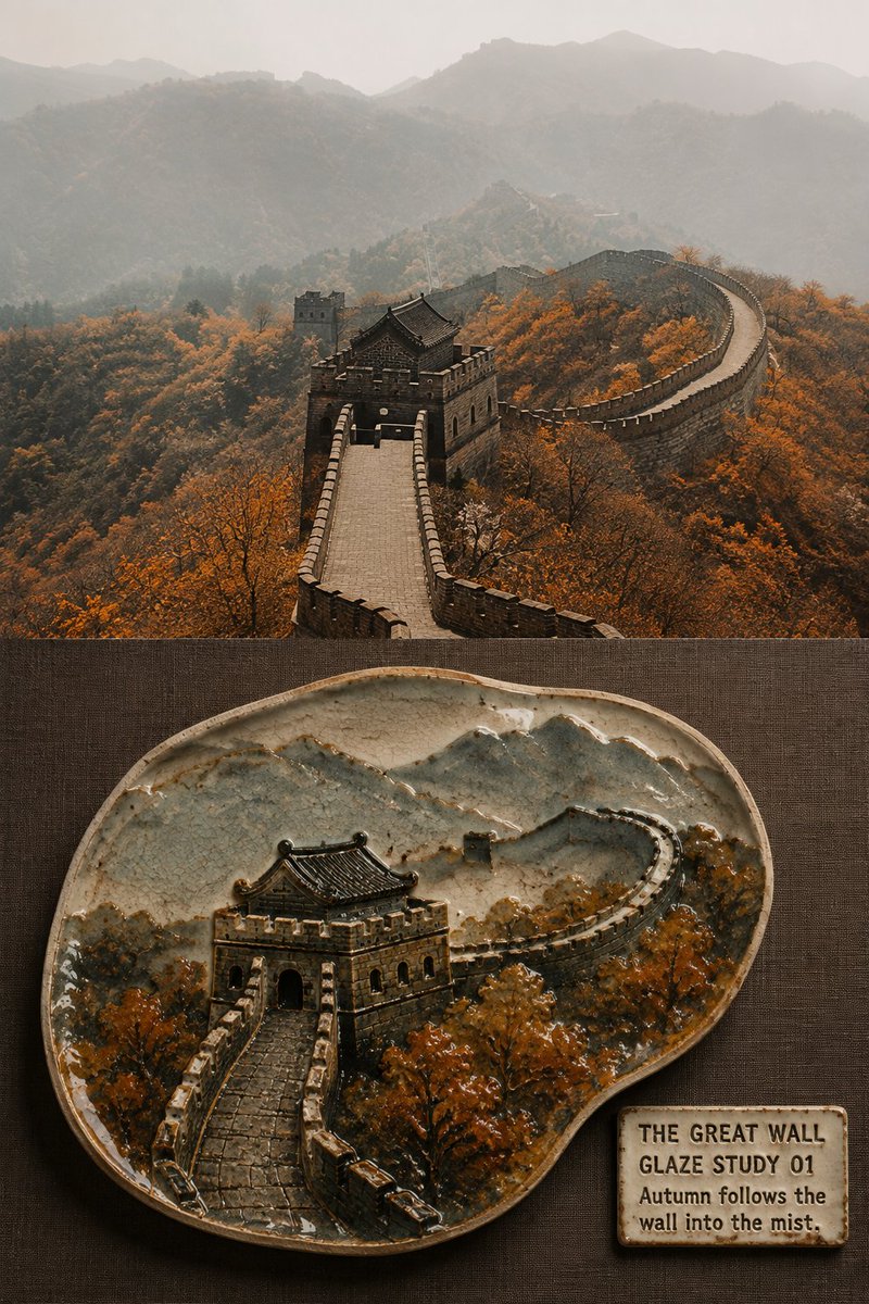 请将我上传的每一张旅游照片分别制作成一张独立的「窑变釉彩旅行盘」对比海报。每张照片单独生成,禁止多图拼接、九宫格或混合不同场景。