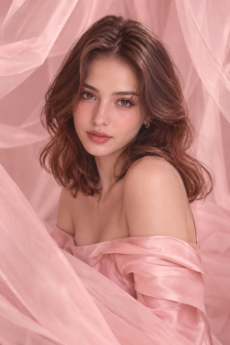 Subject: A young woman with wavy auburn/chestnut hair cascading past her shoulders, sof...