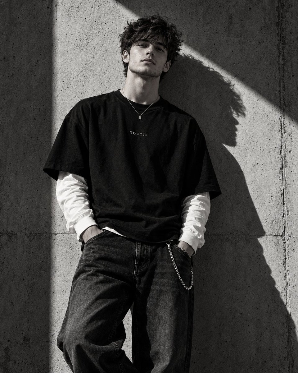 Create a high-fashion black and white editorial portrait of a young man with thick natu...