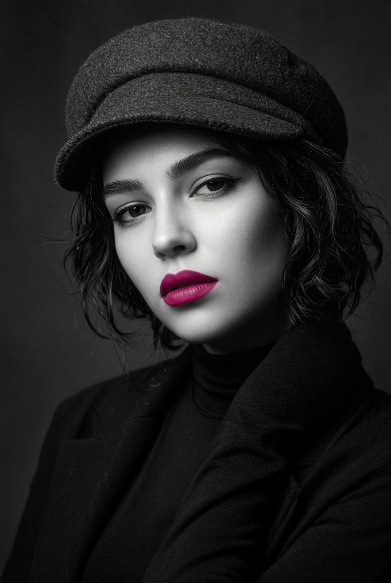 A high-contrast black and white studio portrait features a striking young woman with sh...