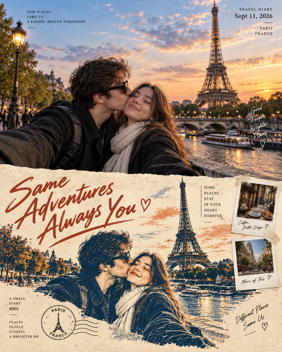 Create a vertical 4:5 cinematic travel-diary poster built around one beautiful family m...