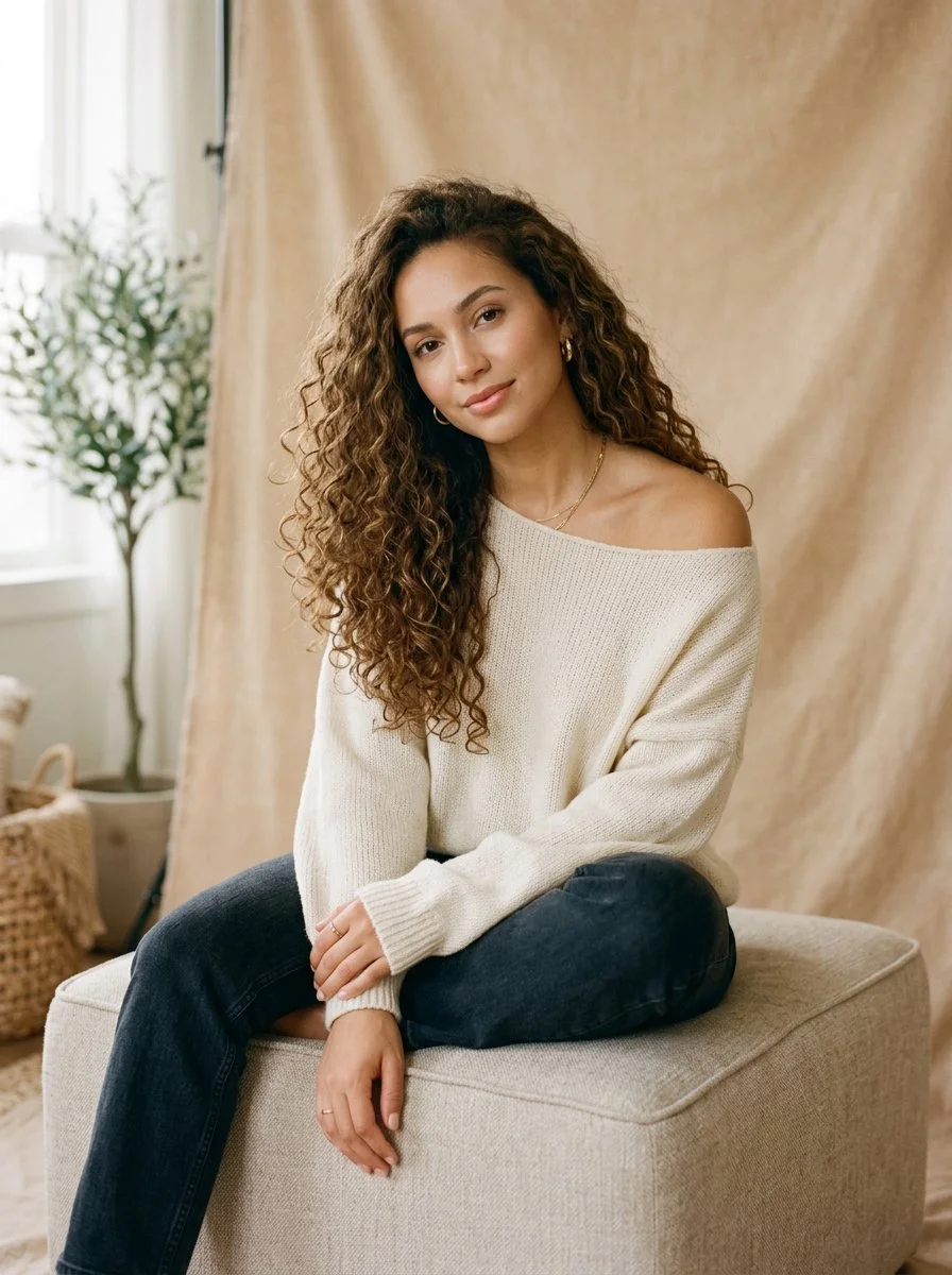 A woman with long, curly hair sits elegantly against a so...