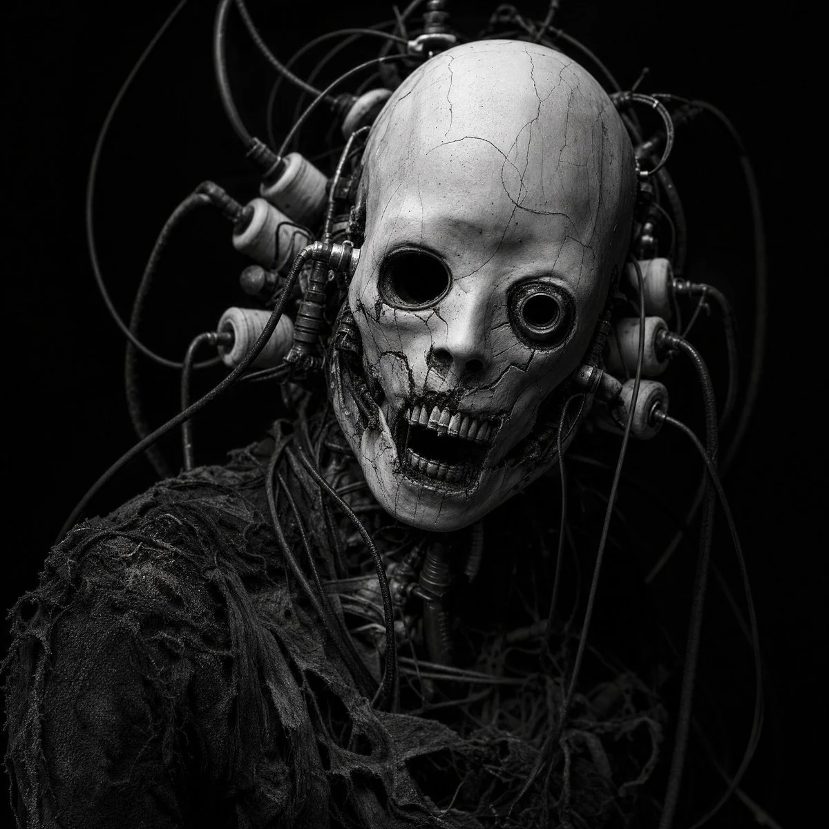 Cybernetic horror portrait, gaunt humanoid figure with cr...