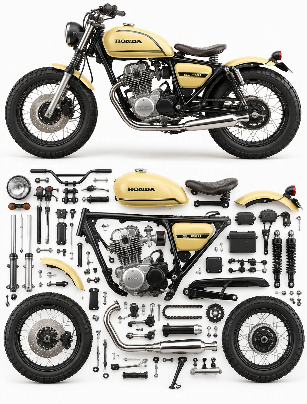/explode view A compact retro-styled bobber from honda GL...