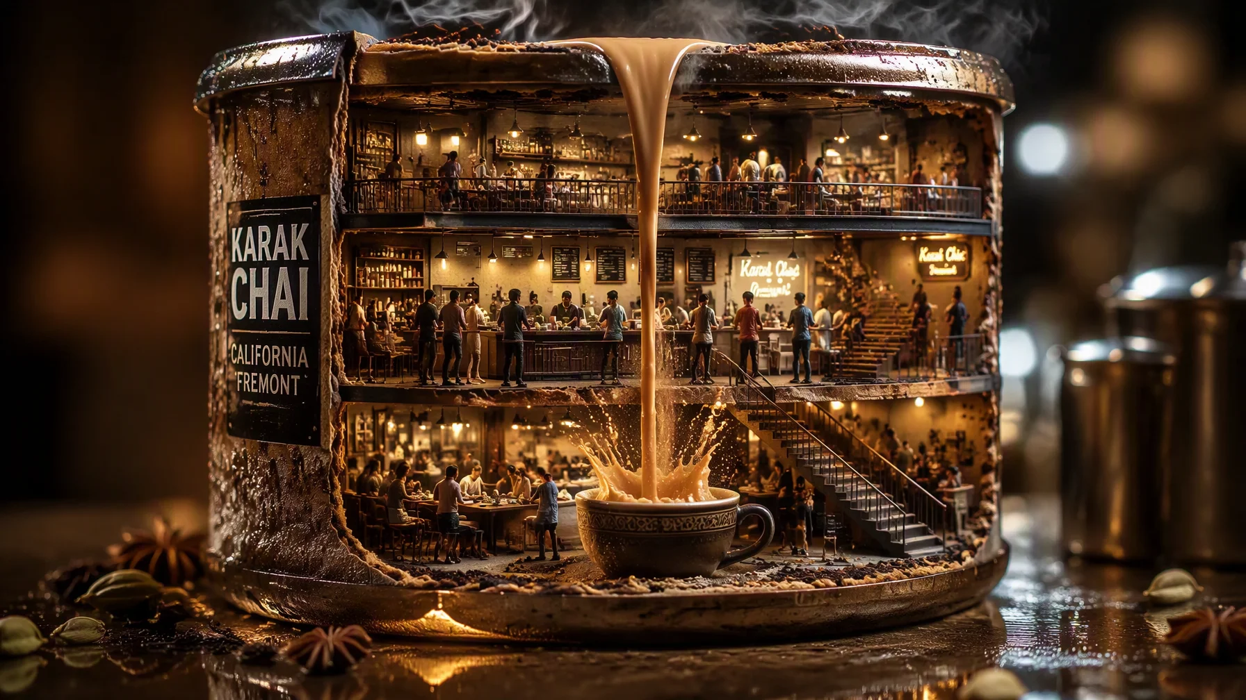 Ultra-realistic 3D miniature diorama of a Karak chai envi...
