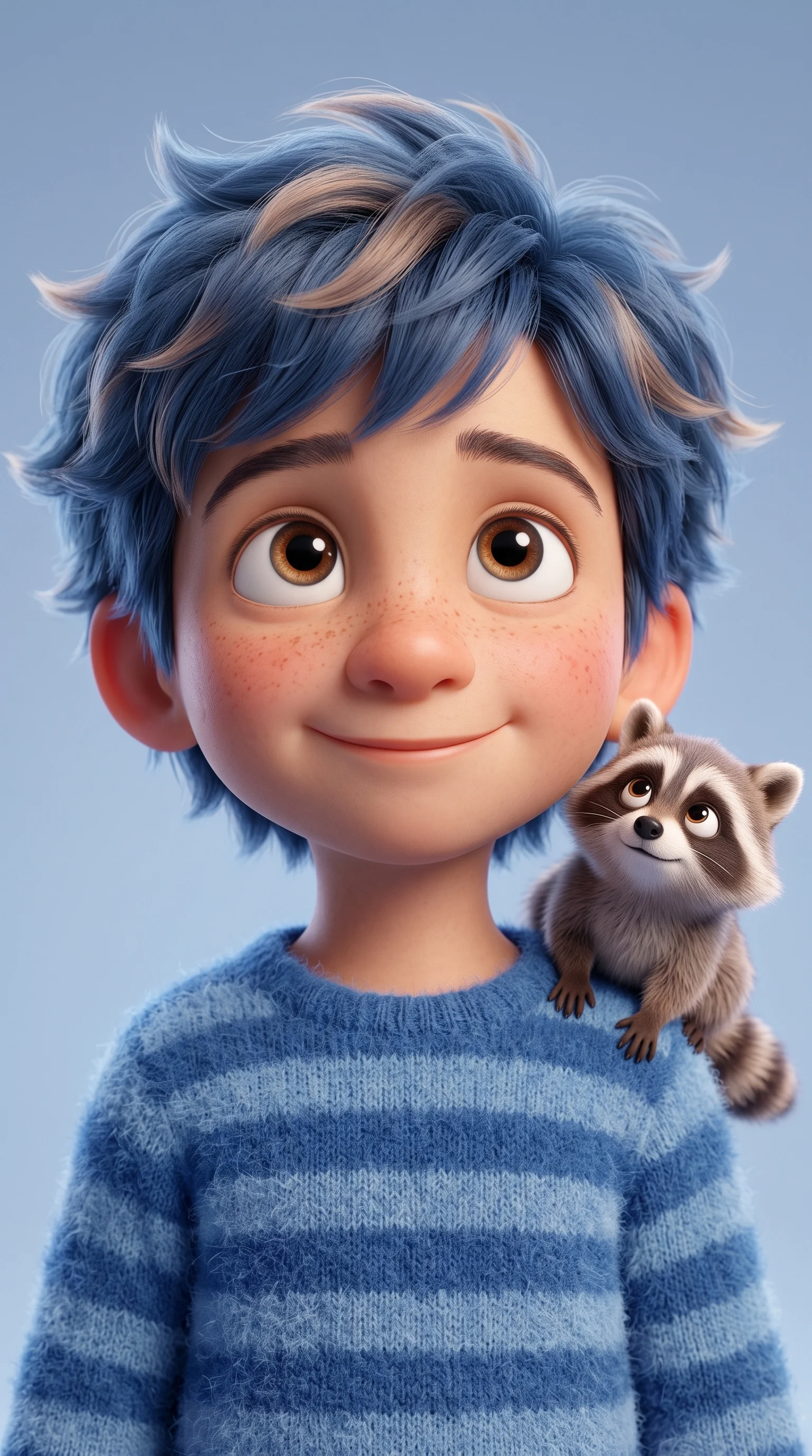 Cute stylized 3D animated boy with messy fluffy blue hair...